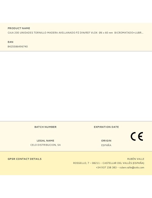 Caja 200 unidades tornillo madera avellanado pz din/ref vlox ø6 x 60 mm bicromatado+lubr.
