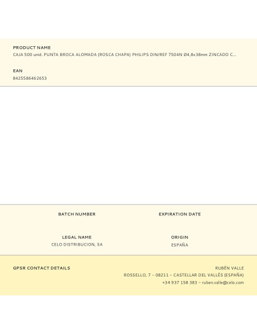 Caja 500 unid. punta broca alomada (rosca chapa) philips din/ref 7504n ø4,8x38mm zincado celo