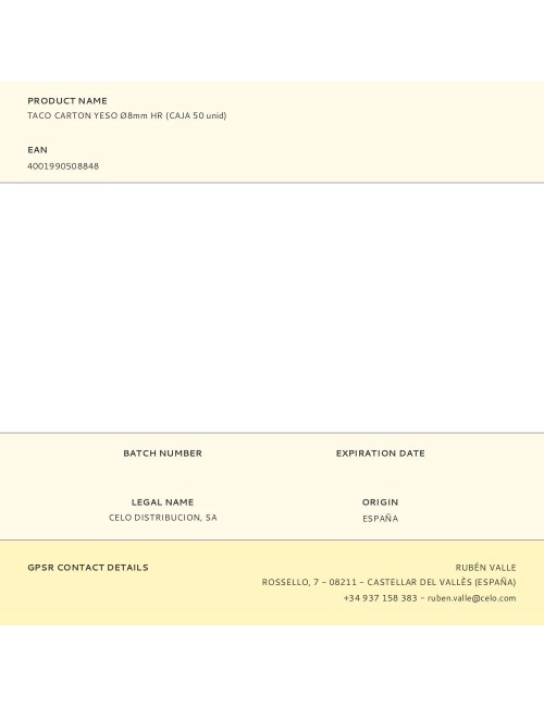 Taco carton yeso ø8mm hr (caja 50 unid)