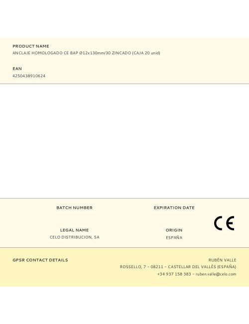 Anclaje homologado ce bap ø12 x 130 mm/30 zincado, caja 20 uds