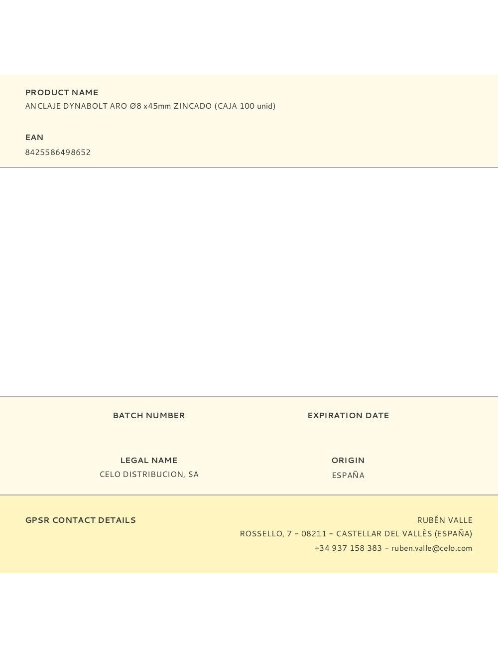 Anclaje dynabolt aro zincado ø8 x 45 mm, caja 100 uds