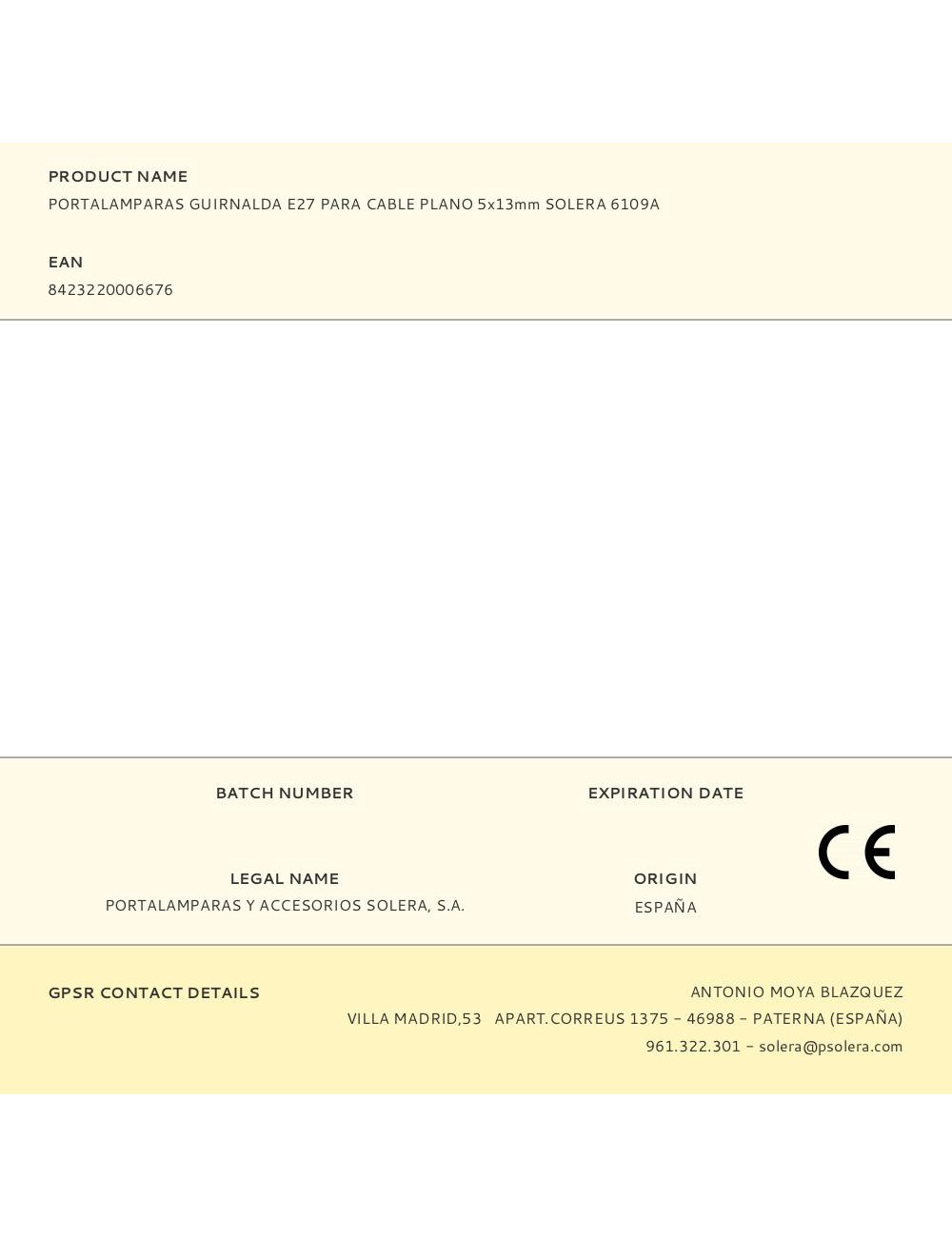 Portalamparas guirnalda e27 para cable plano 5x13mm solera 6109a