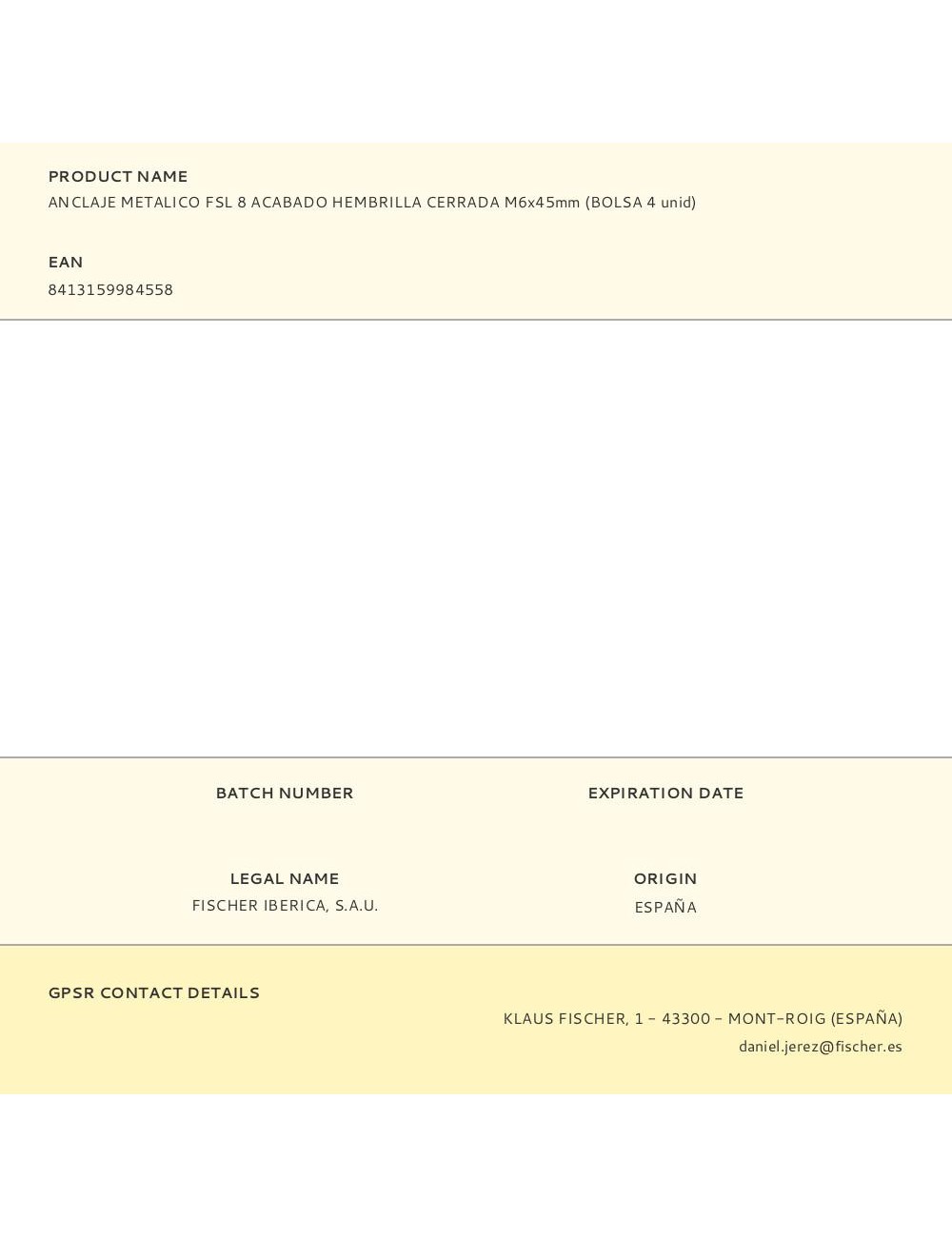 Anclaje metálico fsl 8 acabado hembrilla cerrada m6 x 45 mm, bolsa 4 uds