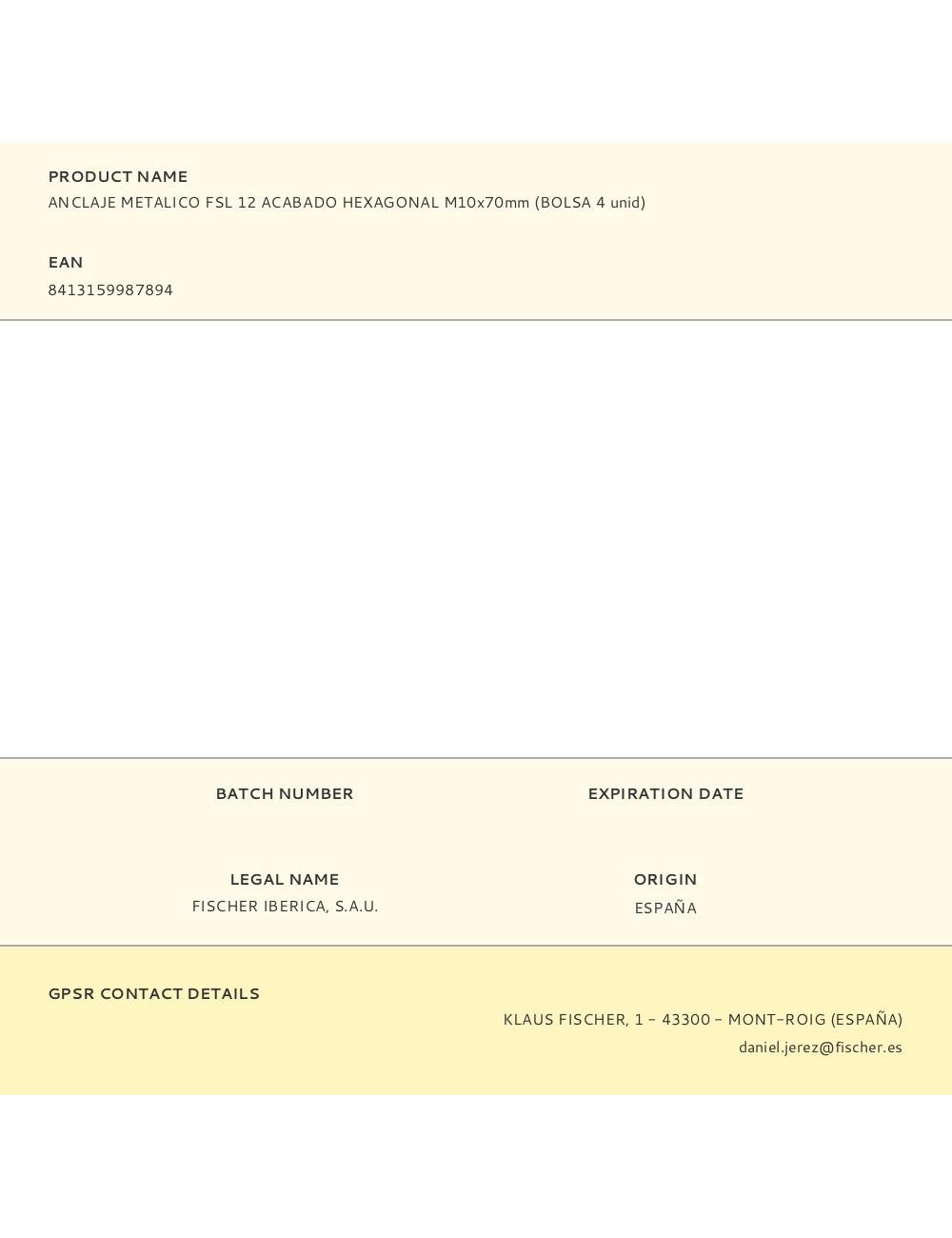 Anclaje metálico fsl 12 acabado hexagonal m10 x 70 mm, bolsa 4 uds