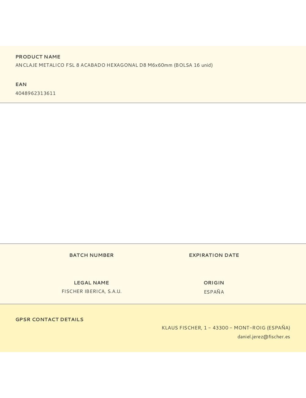 Anclaje metálico fsl 8 acabado hexagonal d8 m6 x 60 mm, bolsa 16 uds