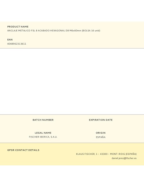 Anclaje metálico fsl 8 acabado hexagonal d8 m6 x 60 mm, bolsa 16 uds