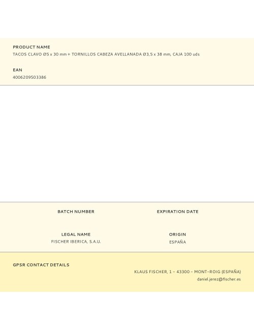 Tacos clavo ø5 x 30 mm + tornillos cabeza avellanada ø3,5 x 38 mm, caja 100 uds