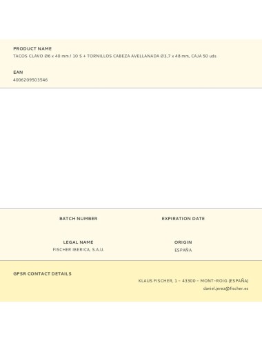 Tacos clavo ø6 x 40 mm / 10 s + tornillos cabeza avellanada ø3,7 x 48 mm, caja 50 uds