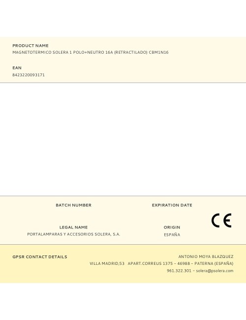 Magnetotermico solera 1 polo+neutro 16a (retractilado) cbm1n16