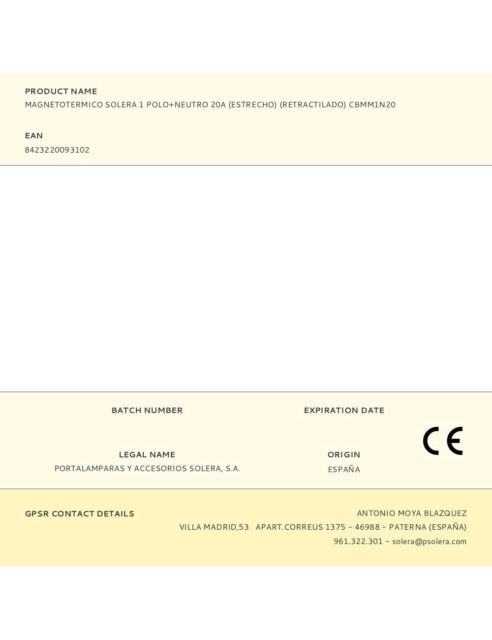 Magnetotermico solera 1 polo+neutro 20a (estrecho) (retractilado) cbmm1n20