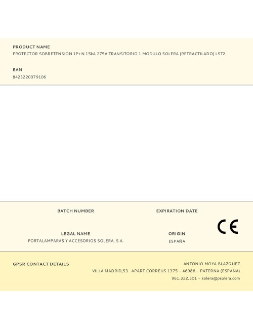 Protector sobretension 1p+n 15ka 275v transitorio 1 modulo solera (retractilado) lst2