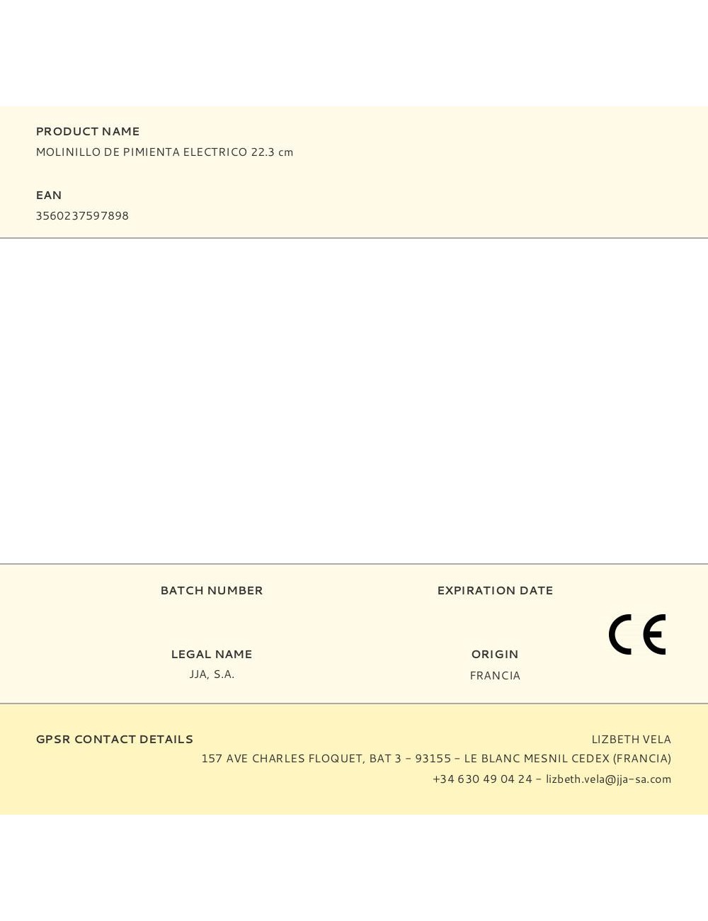 Molinillo de pimienta electrico 22,3 cm