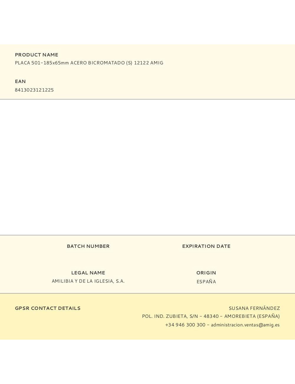 Placa 501-185x65mm acero bicromatado (s) 12122 amig