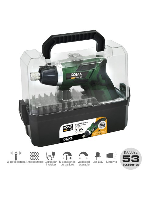 Atornillador a bateria reversible, 3,6v litio-ion 1300 mah, con 53 accesorios, 175 x 148 mm