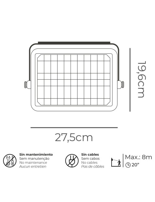 Aplique solar 10w 1150lm recargable. sensor presencia (2-8m) color negro 27,5x19,6cm edm