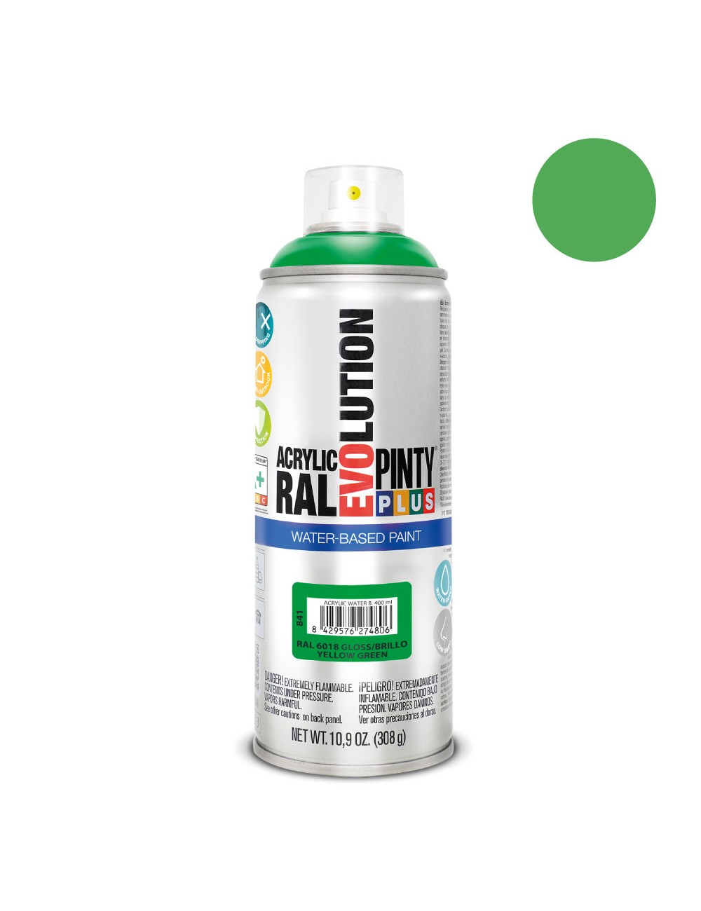 Pintura acrílica spray evolution water-based 520 cc ral 6018 verde amarillento