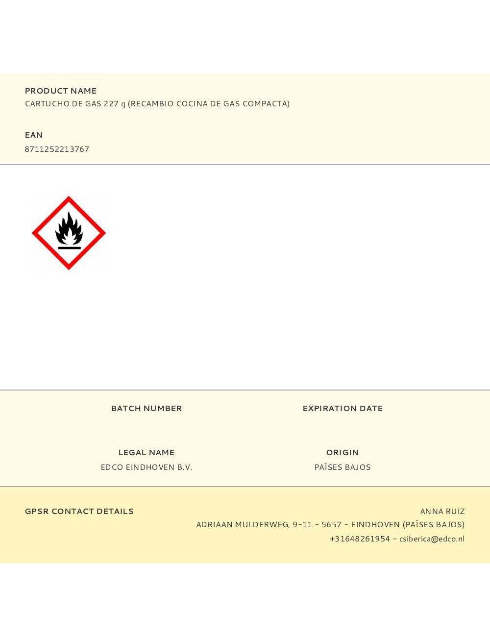 Cartucho de gas 227 g (recambio cocina de gas compacta)