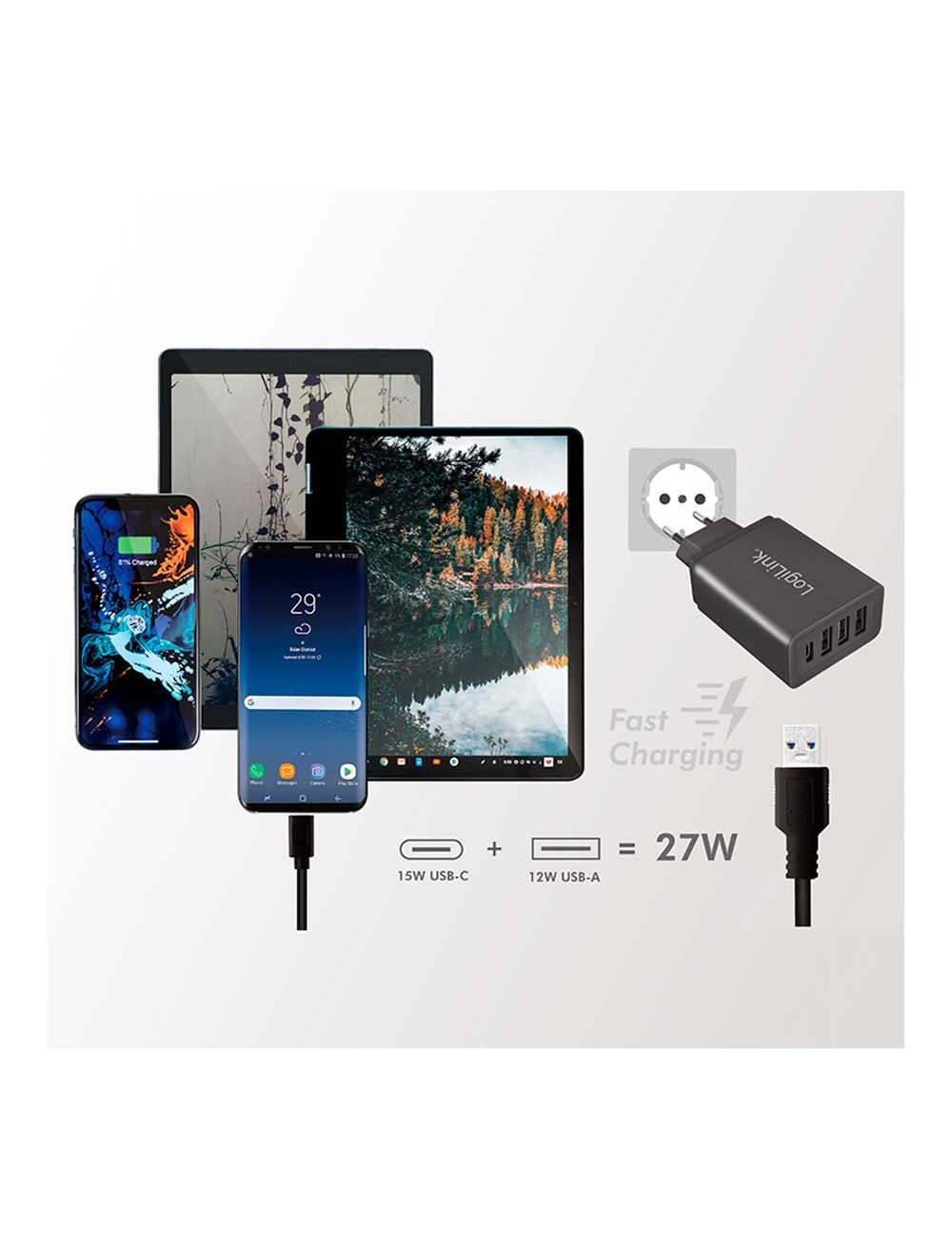 Cargador 27 w con 4 conexiones usb negro