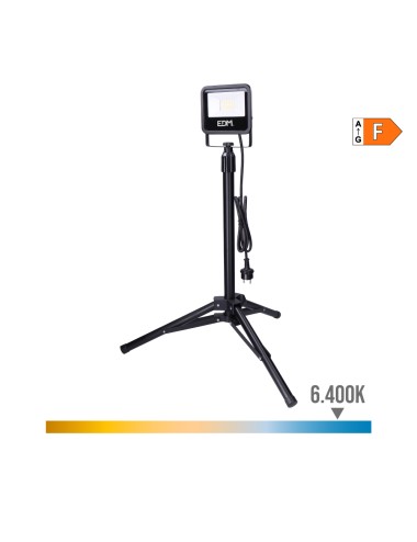 Foco proyector led con trípode 30 w, 2370 lm, 6400 k, luz fría, black series