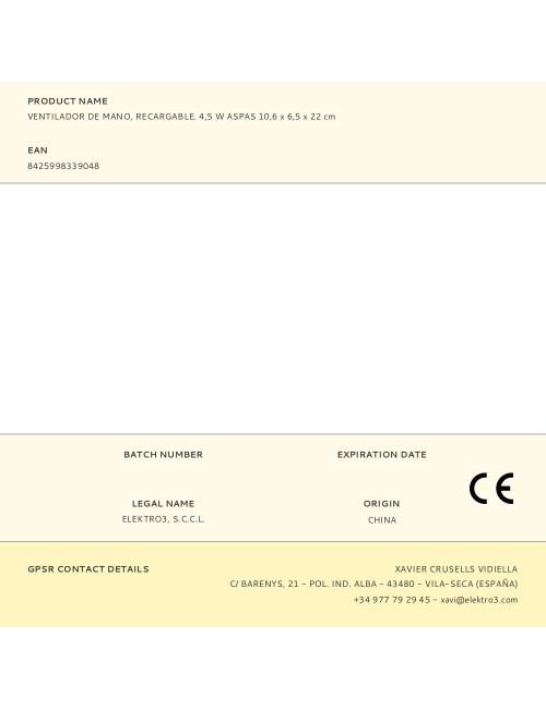 Ventilador de mano, recargable. 4,5 w aspas 10,6 x 6,5 x 22 cm