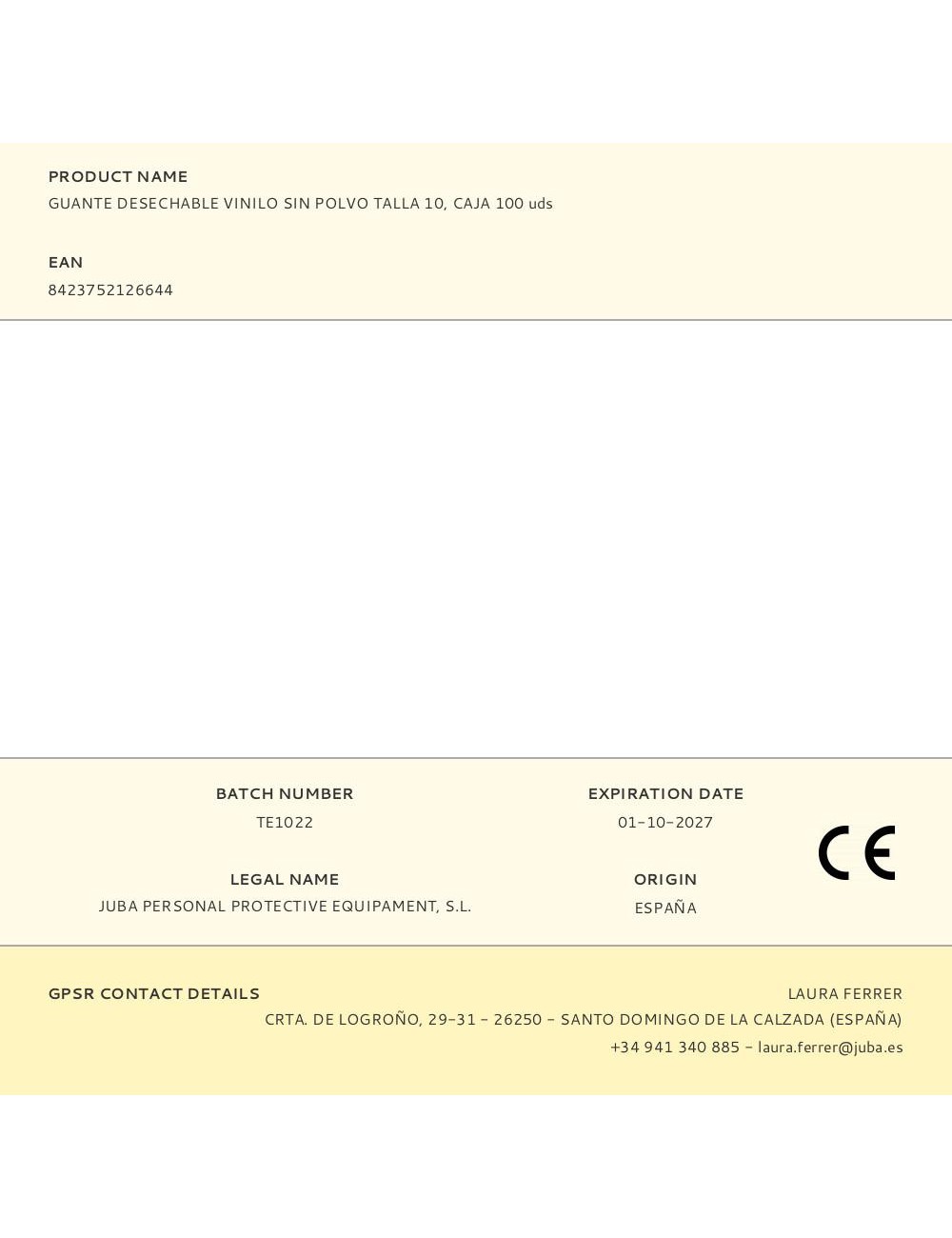 Guante vinilo, sin polvo, desechable, transparente, t-10, caja 100 uds