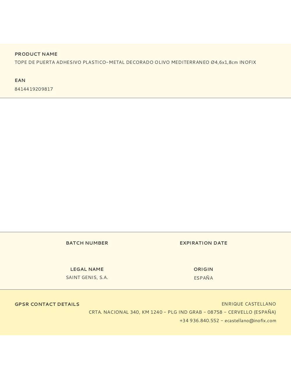 Tope de puerta adhesivo plastico-metal decorado olivo mediterraneo ø4,6x1,8cm inofix