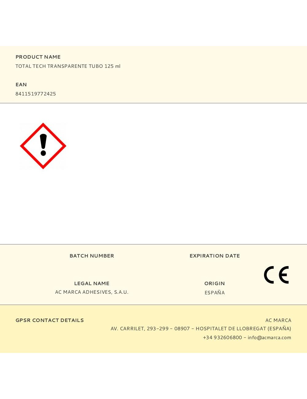 Adhesivo sellador total tech transparente tubo 125 ml