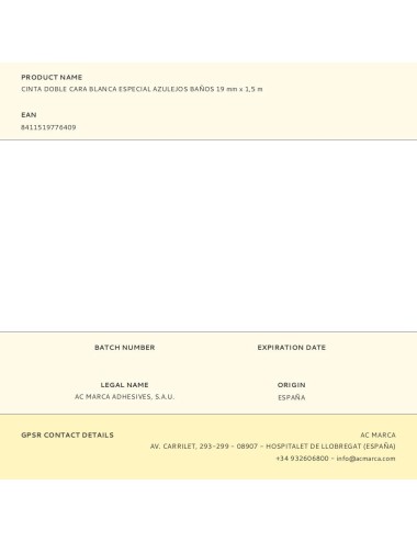 Cinta doble cara blanca especial azulejos baños 19 mm x 1,5 m