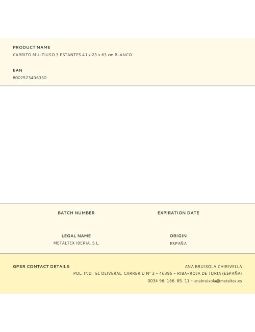 Carrito multiuso 3 estantes 41 x 23 x 63 cm blanco