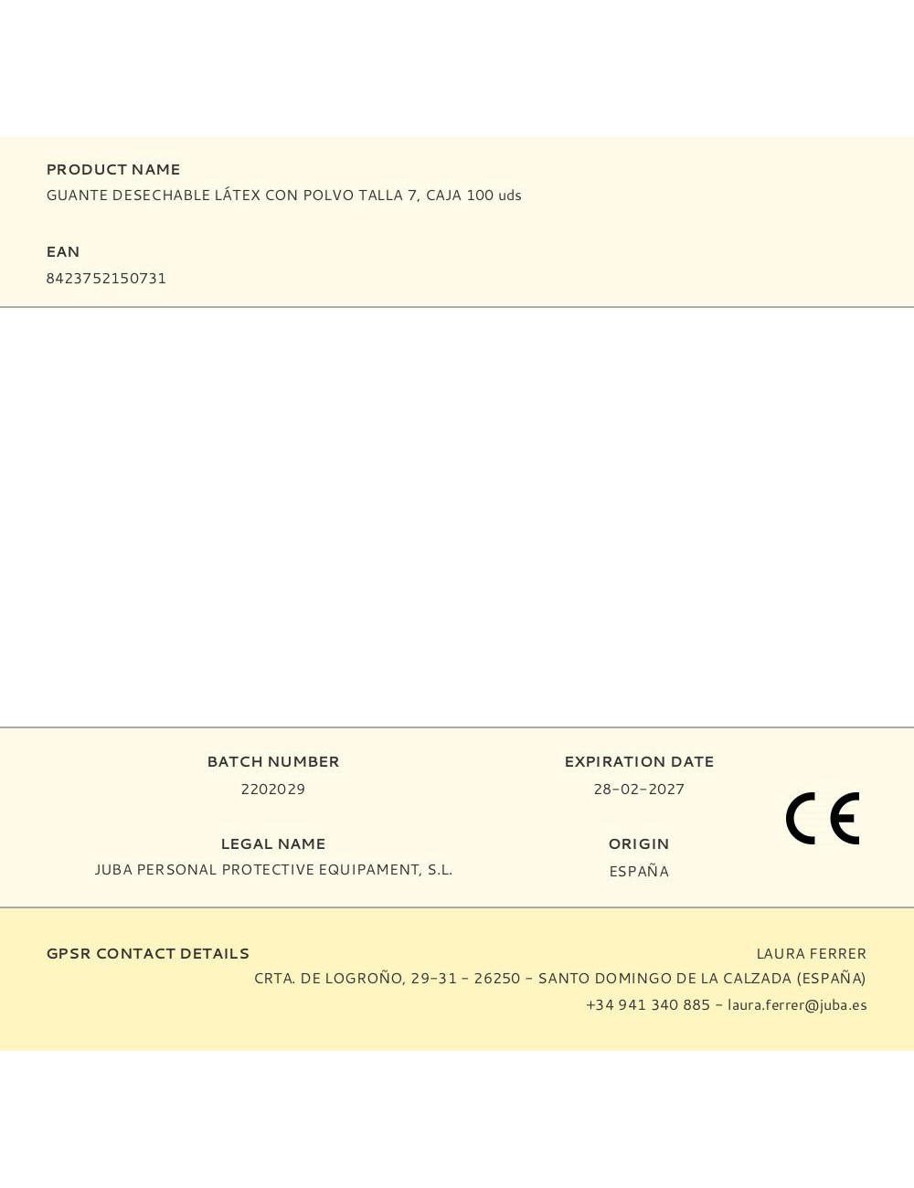 Guante látex, con polvo, desechable, blanco, t-07, caja 100 uds