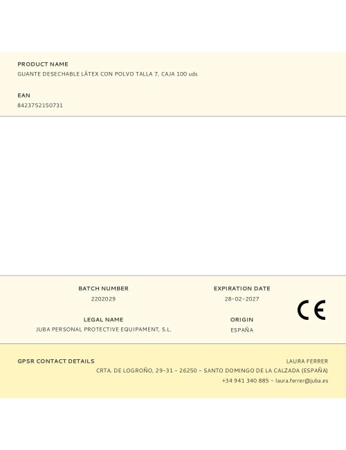 Guante látex, con polvo, desechable, blanco, t-07, caja 100 uds