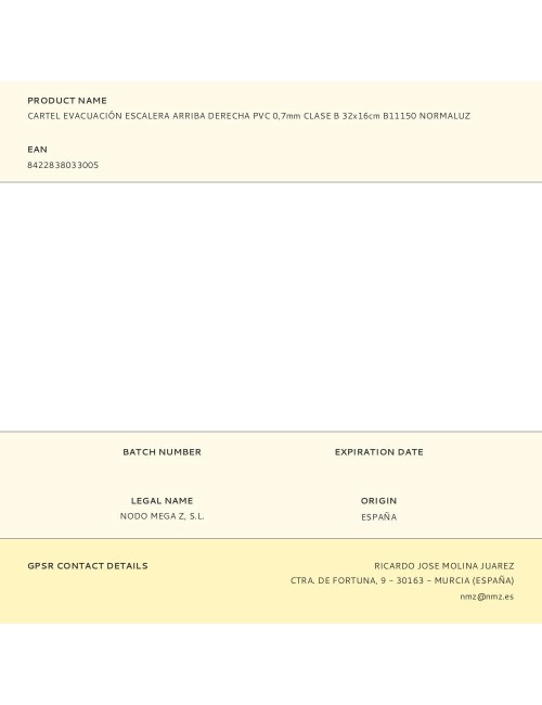 Cartel evacuación escalera arriba derecha pvc 0,7mm clase b 32x16cm b11150 normaluz