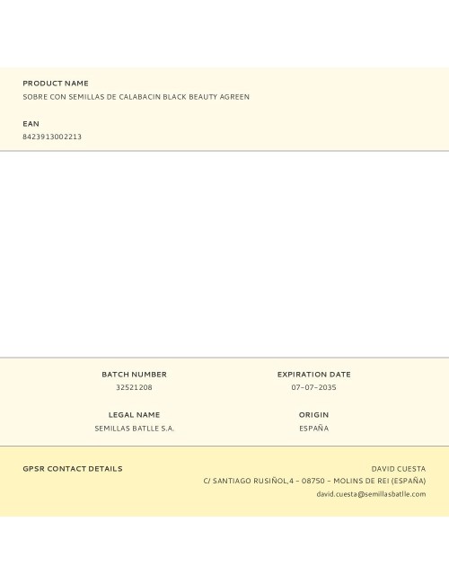 Sobre con semillas de calabacin black beauty agreen