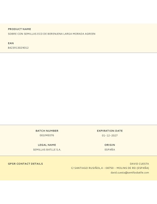 Sobre con semillas eco de berenjena larga morada agreen