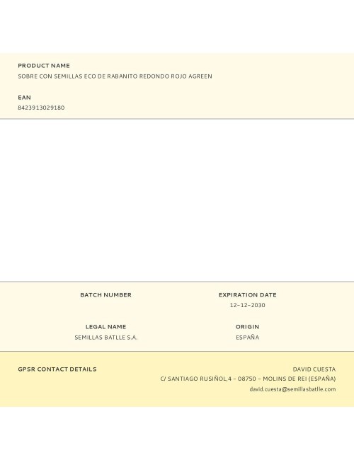 Sobre con semillas eco de rabanito redondo rojo agreen