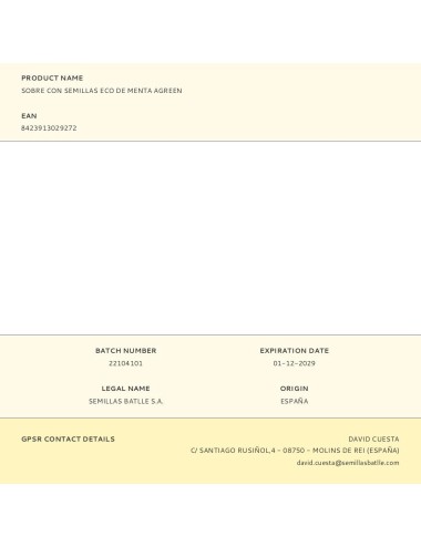 Sobre con semillas eco de menta agreen
