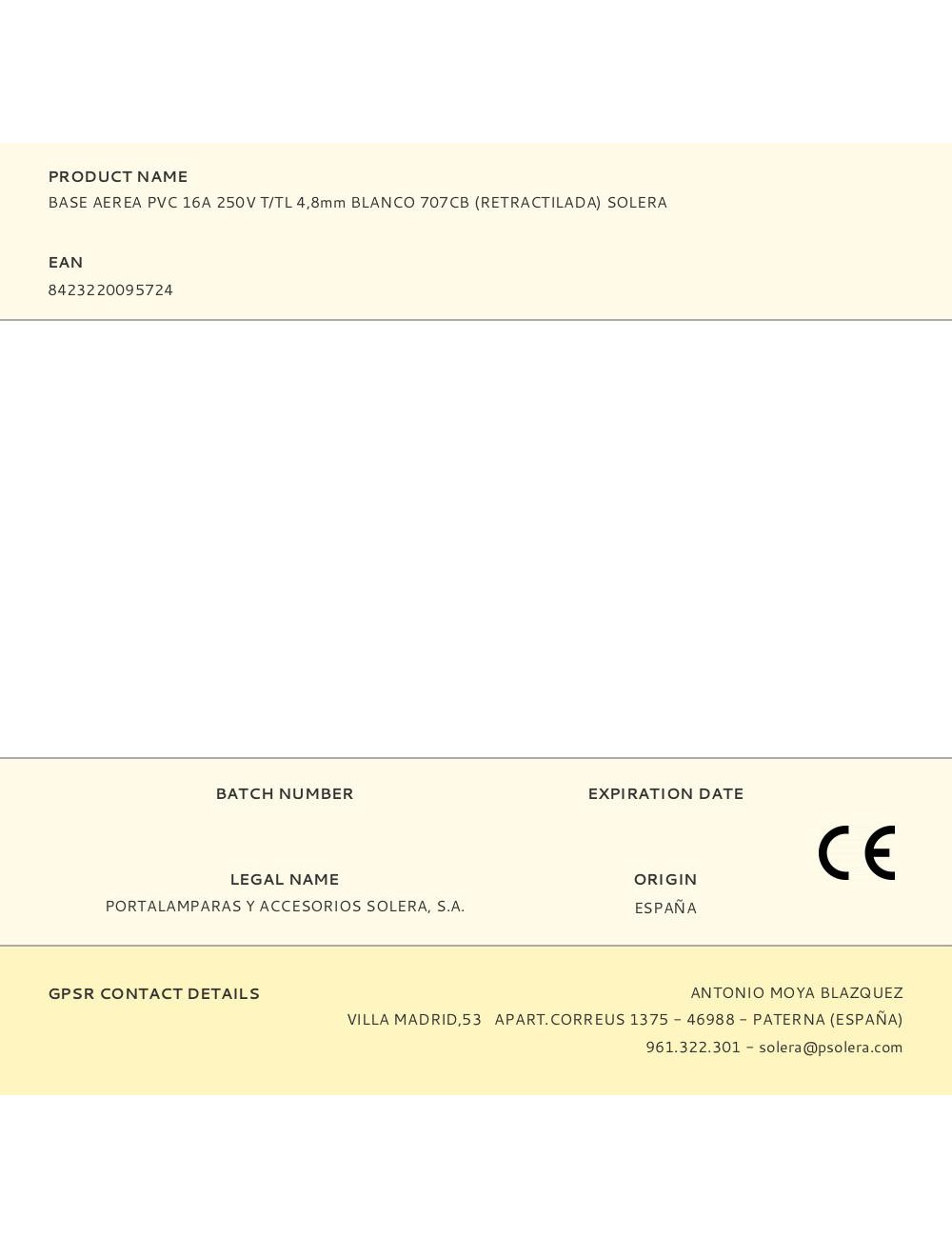 Base aerea pvc 16a 250v t/tl 4,8mm blanco 707cb (retractilada) solera