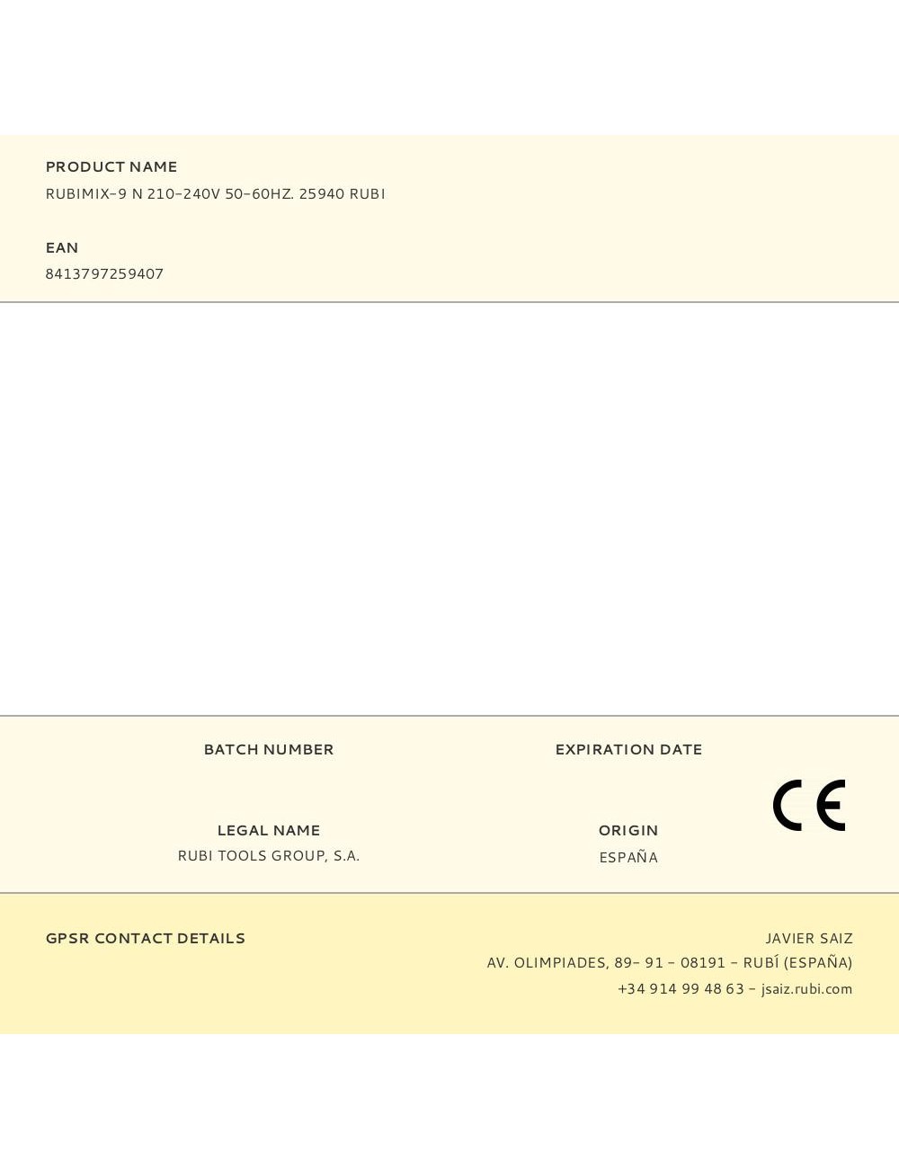 Rubimix-9 n 210-240v 50-60hz. 25940 rubi