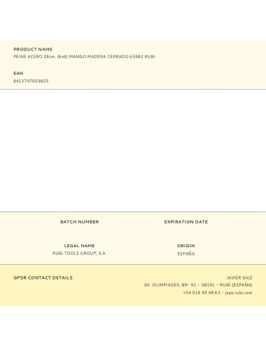 Peine acero 28cm. (6x6) mango madera cerrado 65982 rubi