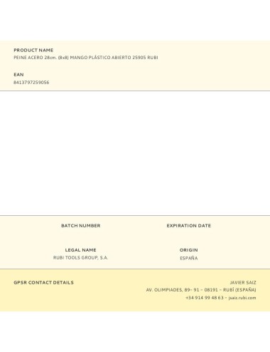 Peine acero 28cm. (8x8) mango plástico abierto 25905 rubi