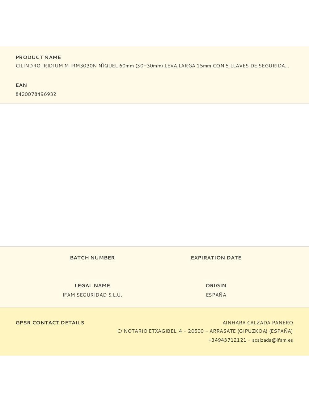 Cilindro iridium m irm3030n níquel 60mm (30+30mm) leva larga 15mm con 5 llaves de seguridad. ifam