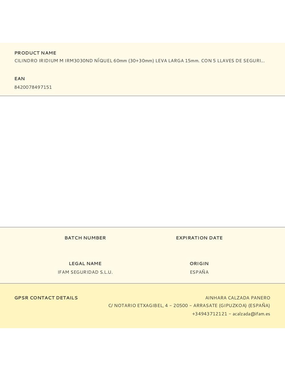 Cilindro iridium m irm3030nd níquel 60mm (30+30mm) leva larga 15mm. con 5 llaves de seguridad. ifam