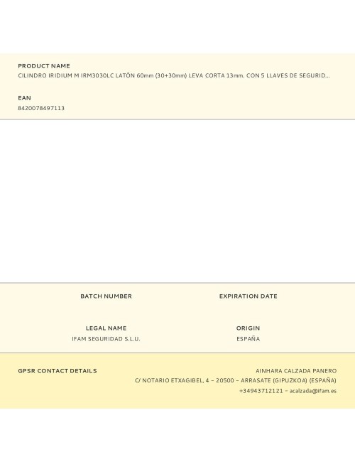 Cilindro iridium m irm3030lc latón 60mm (30+30mm) leva corta 13mm. con 5 llaves de seguridad. ifam