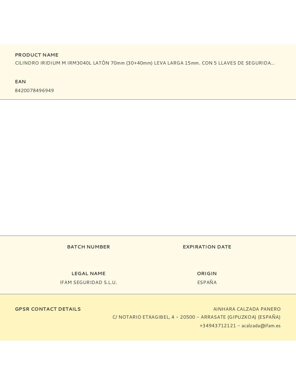 Cilindro iridium m irm3040l latón 70mm (30+40mm) leva larga 15mm. con 5 llaves de seguridad. ifam