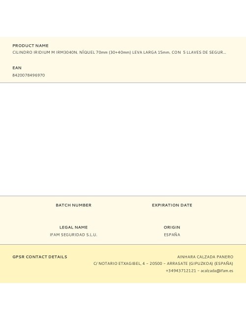 Cilindro iridium m irm3040n. níquel 70mm (30+40mm) leva larga 15mm. con 5 llaves de seguridad. ifam