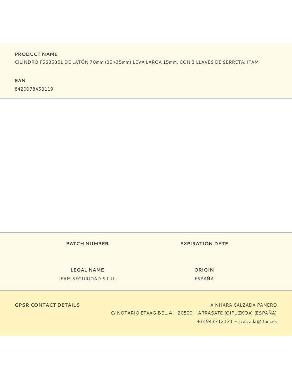 Cilindro f5s3535l de latón 70mm (35+35mm) leva larga 15mm. con 3 llaves de serreta. ifam