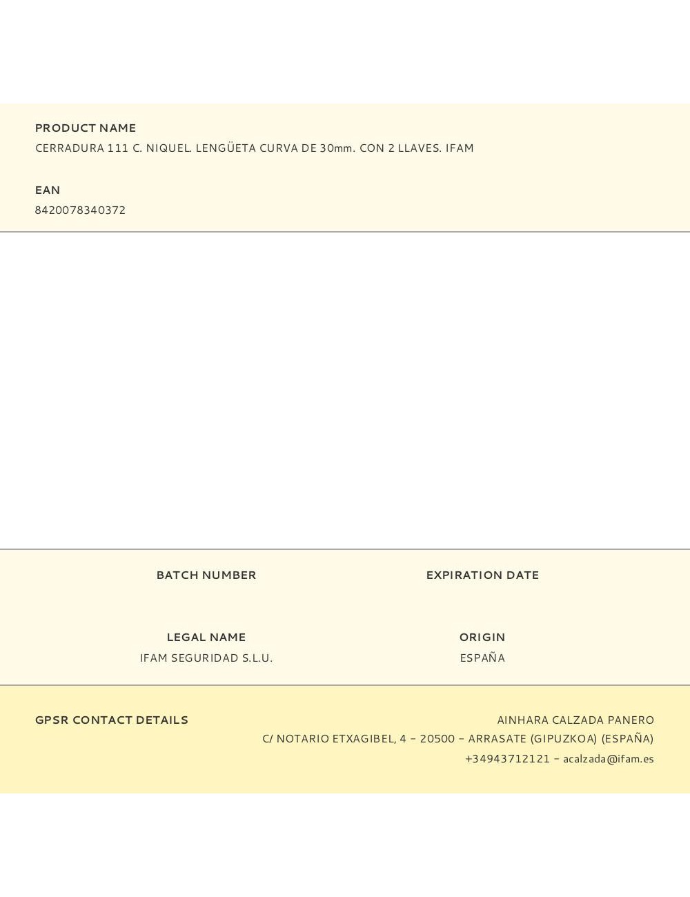 Cerradura 111 c. niquel. lengüeta curva de 30mm. con 2 llaves. ifam