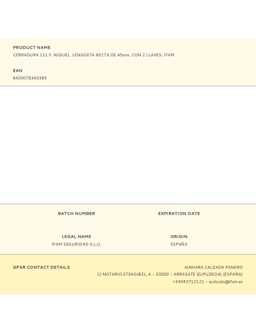 Cerradura 111 f. niquel. lengüeta recta de 45mm. con 2 llaves. ifam