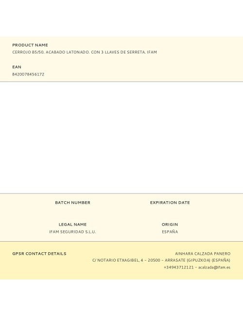 Cerrojo b5/50. acabado latonado. con 3 llaves de serreta. ifam