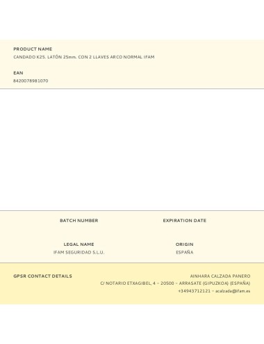 Candado k25. latón 25mm. con 2 llaves arco normal ifam